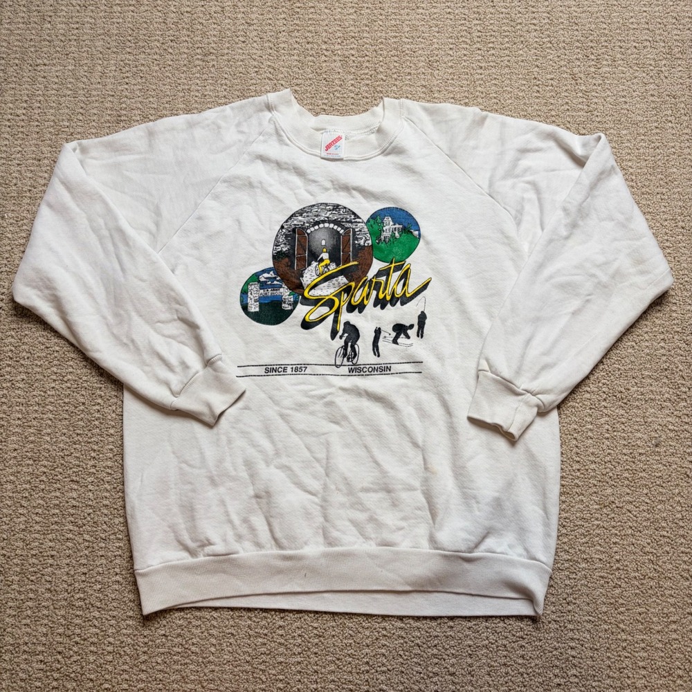 Vintage Jerzees Sparta Wisconsin Graphic Sweatshirt White Mens XL Made in USA